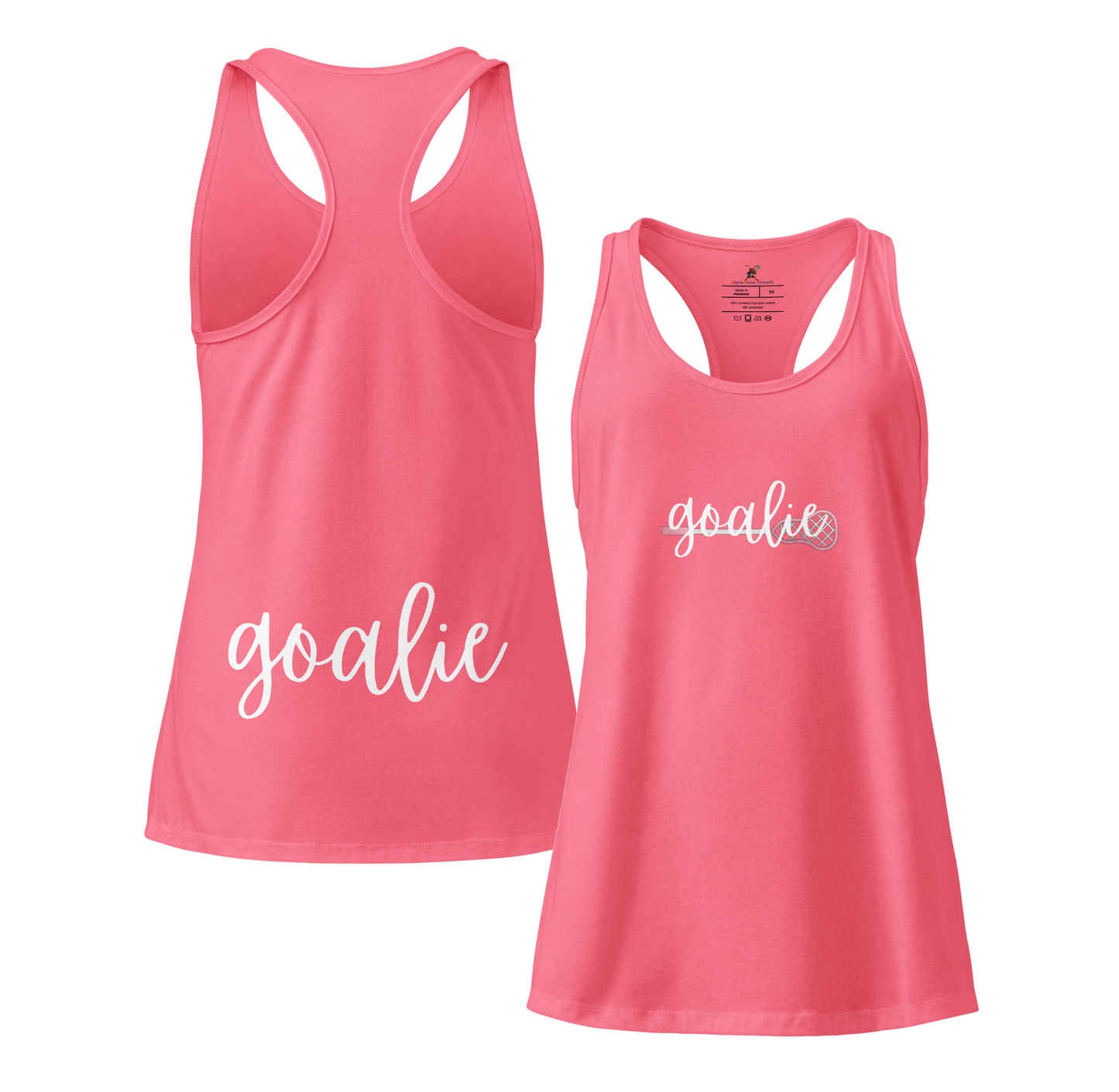 Women’s “Goalie Script” Racerback Tank | Alpha Nova Threads Lacrosse Apparel